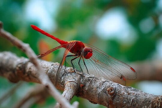 Vibrant red dragonfly rests on weathered branch, showcasing intricate wings against lush green backdrop