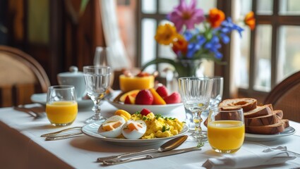A delicious breakfast on a set table