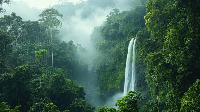 Tall waterfall in foggy rainforest valley
