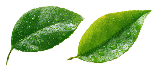 Two vibrant green leaves, covered in water droplets, isolated against a black background