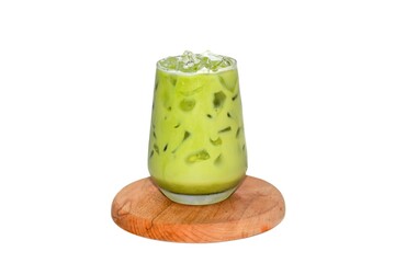 Ice matcha green tea put on wooden plate in white background concept.
