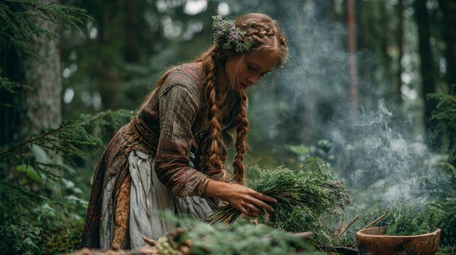 Young woman performing ritual ceremony with herbs in forest  