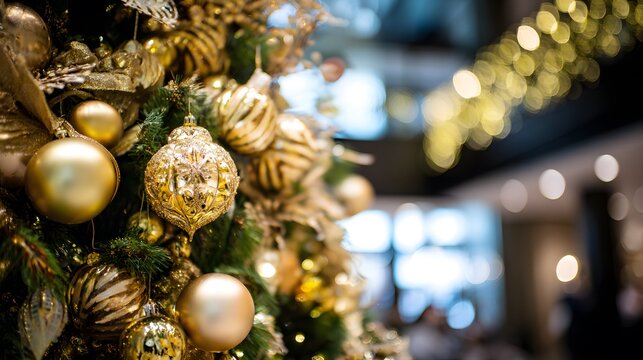 A festively decorated tree adorned with golden ornaments, surrounded by twinkling holiday lights.
