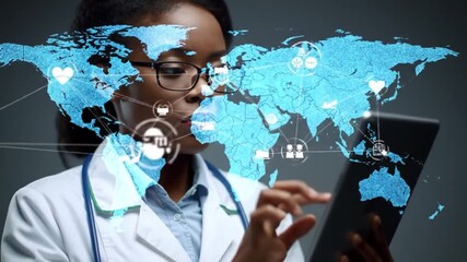 Global health awareness concept with female doctor using digital tablet displaying world map with medical icons and data visualization on a futuristic interface - Powered by Adobe