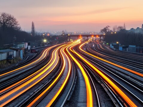 railway tracks logistics concept. Curving railway tracks illuminated by lights at sunset create a dynamic urban scene. - Powered by Adobe
