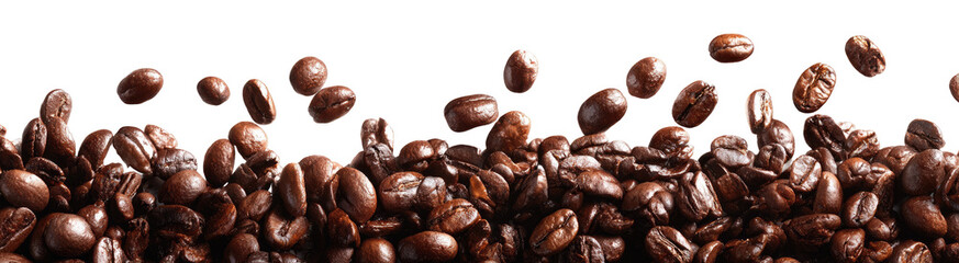 Coffee beans, dark brown, scattered and piled high