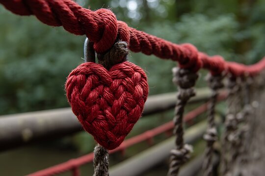 Fototapeta Handmade red knitted heart charm tied to rustic rope bridge in nature