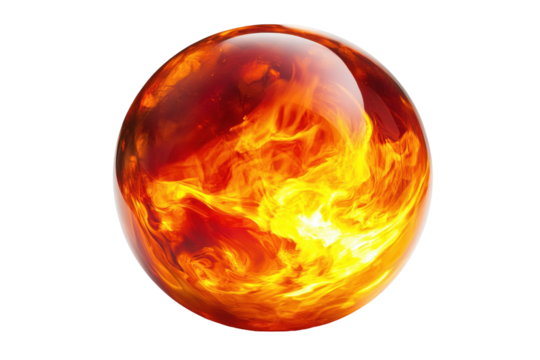 Fiery orb with intense flames isolated on transparent background. Red yellow hot burning fire ball flame isolated on white background.