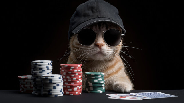Stylish cat wearing sunglasses and cap sitting beside poker chips in a modern trendy setup perfect for entertainment leisure and fashion themed stock images
