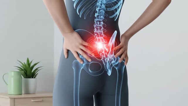 Woman holding lower back highlighting pain, Pain in the spine and pelvic bones due to inflammation in the human body
