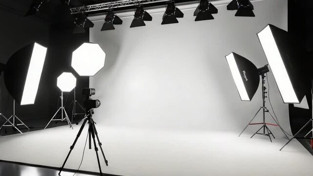 Photography studio setup with lights, backdrop, and camera on a tripod, ready for a photoshoot.