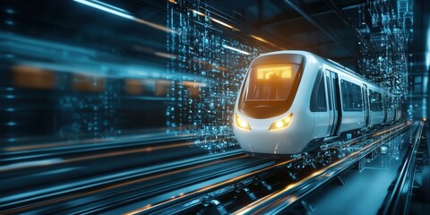 railway tracks logistics concept. Futuristic train in motion through a high-tech, illuminated environment.