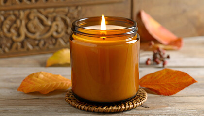 Glowing Amber Candle Rustic Autumn Ambiance