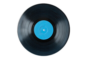 Close-up of a vinyl record with a vibrant teal center