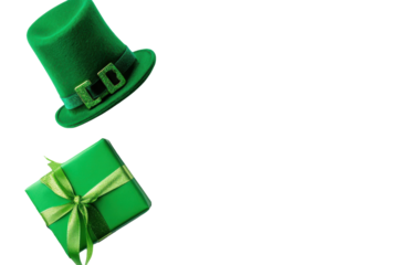 Green leprechaun hat and gift isolated on transparent background. Green leprechaun hat clovers green gift box and ribbon on isolated on white background.