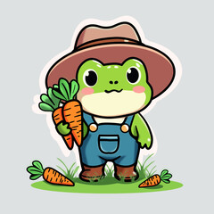 Cute cartoon of a farmer frog. Green frog with a chubby face, big round eyes, pinkish cheeks, looking cheerful, wearing blue denim overalls, holding a fresh, bright orange carrot. Suitable for stick