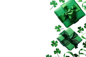 Green leprechaun hat and gift with shamrocks isolated on transparent background. Green leprechaun hat clovers green gift box and ribbon on isolated on white background.