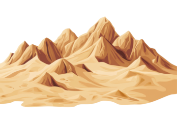 Jagged sandy mountain peaks isolated on transparent background. Sand dunes mountains landscape isolated on white background.