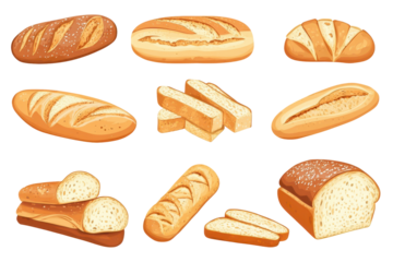 Collection of freshly baked bread loaves isolated on transparent background. Collection of baguette bread group stack isolated on white background.