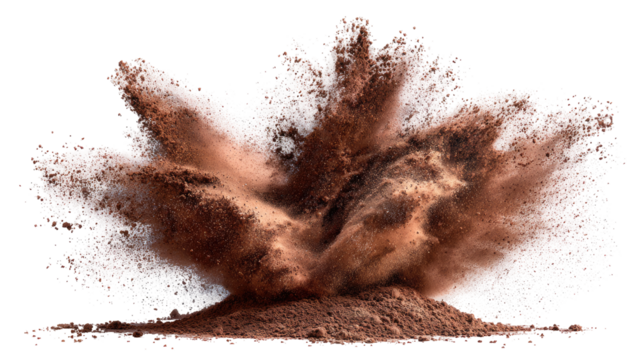 A powerful explosion of brown dirt, radiating outward in a chaotic, dynamic burst