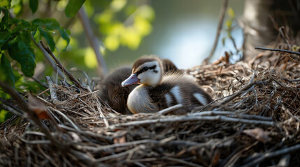 Beautiful wildlife photograph of adorable ducklings resting in their nest showcasing natural habitat fluffy feathers and peaceful outdoor environment
