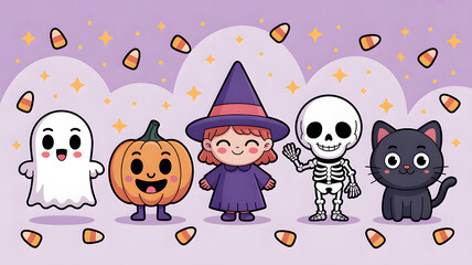 Obraz premium Whimsical Halloween Characters: A charming illustration featuring a grinning pumpkin, friendly ghost, playful black cat, smiling skeleton, and a sweet witch.