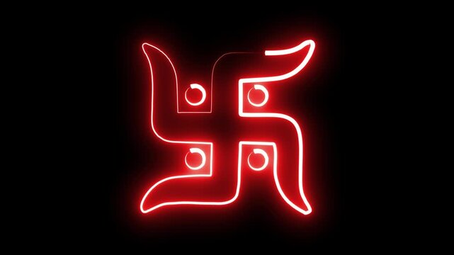 Hindu religion Swastik symbol with glowing red neon light effect on plain black background