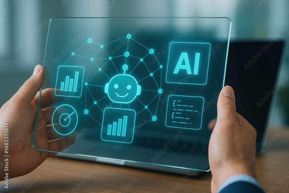 Poster a transparent tablet displays artificial intelligence concepts, including a robot icon, data visuali