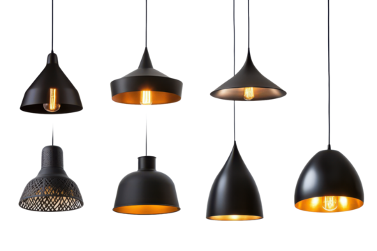 Black industrial hanging lights isolated on transparent background. Set of modern black hanging lamps isolated on white background. - Powered by Adobe