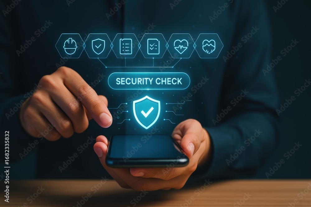 Poster a person interacts with a smartphone displaying a security check interface with various digital icon
