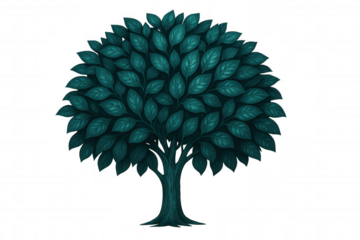 Vibrant teal tree featuring lush, rounded leaf canopy, standing against transparent backdrop, enhancing botanical graphic design elements