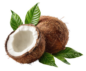 Two halved coconuts with green leaves (2)
