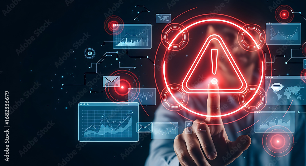 Aufkleber hand touching red alert symbol with data graphs and icons on a dark technology background ai generat