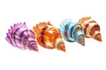 Colorful seashells arranged in a row isolated on transparent background. Shells isolated on white background.
