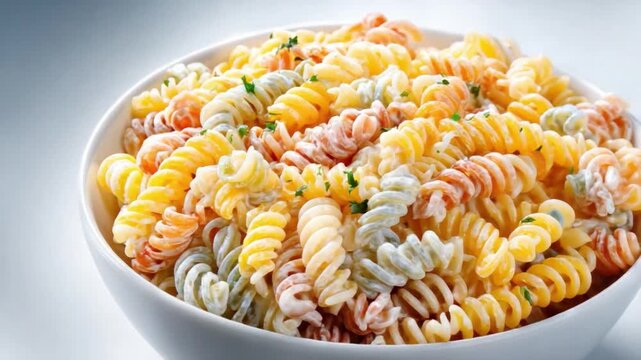 A Colorful Pasta Dish: A vibrant array of tri-color fusilli pasta fills a pristine white bowl, each spiral a testament to culinary artistry and the joy of a well-prepared meal.