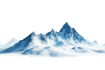 Majestic snow covered mountain range isolated on transparent background. Snow mountains landscape isolated on white background.