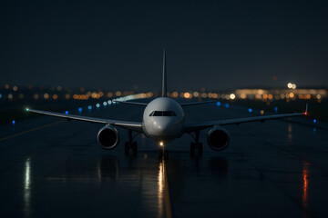 Commercial Jet on Illuminated Runway at Night