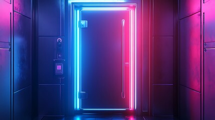 Step into the future with this futuristic door glowing with vibrant neon blue and pink light