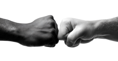 Two fists, black and white, touching