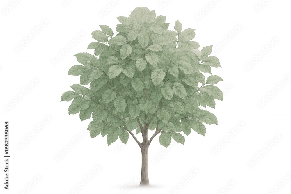 Poster vector graphic rendering green tree with transparent backdrop, suitable for architectural rendering 