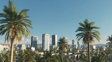 Fototapeta premium Cityscape with palm trees, Los Angeles skyline, sunny day