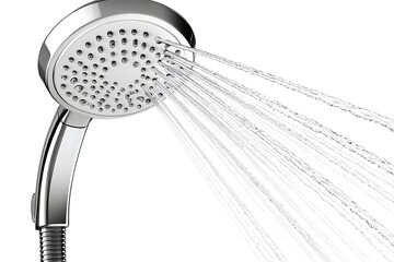 Showerhead Water sprays. Chrome fixture with many tiny holes. Silver colored, water flowing out