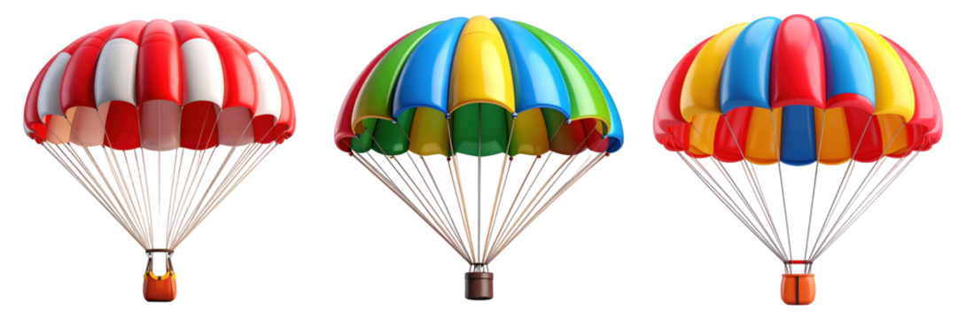 3D Plastic Style Parachutes Icons Against A Transparent Background Featuring Red Green Blue Yellow And Orange Colors Representing Air Travel And Sporting Activities - Powered by Adobe
