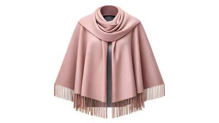 Pink knitted cape with large collar, soft cozy draped winter fashion accessory with tasseled fringe trim, warm comfortable style, jpg file
