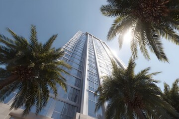 Tall glass building surrounded by palm trees on a sunny day.