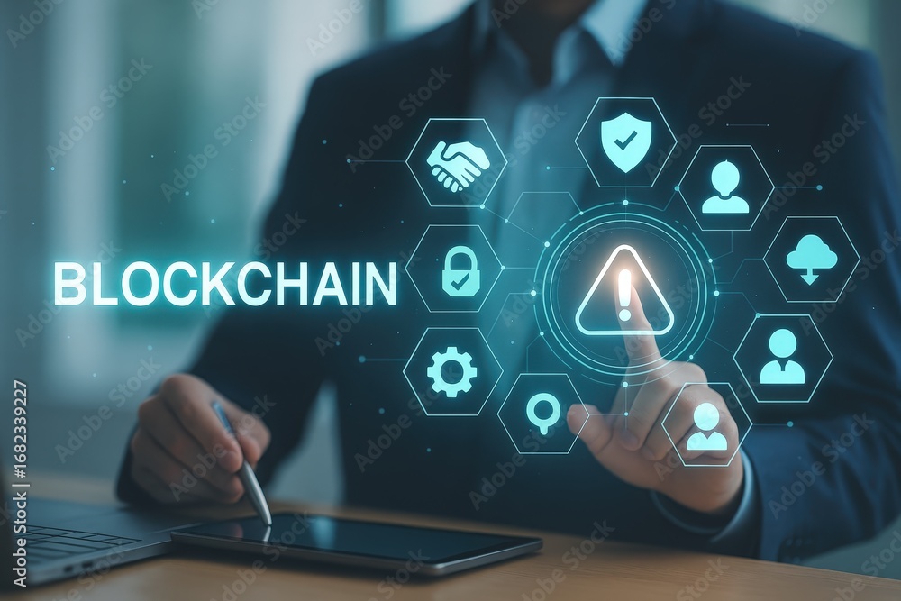 Poster a person interacts with a digital blockchain interface, highlighting a security alert symbol.