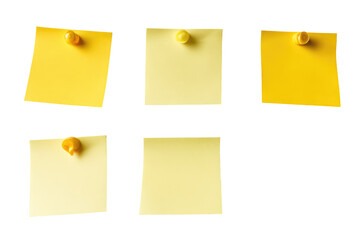 Five blank yellow sticky notes, pinned