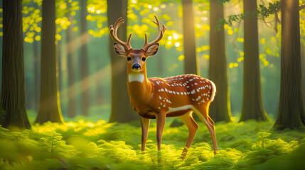 Graceful Deer in Sunlit Forest Surrounded by Vibrant Green Nature

