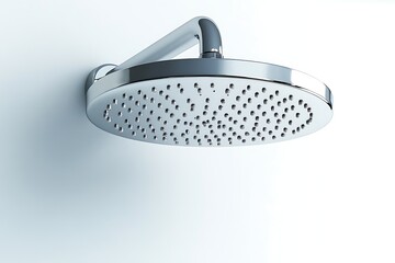 Polished chrome showerhead affixed to a pristine white wall. Modern fixture
