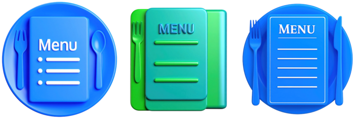 3D Plastic Style Menu Icon with Blue And Green Tones Featuring Utensils and Food List Design Isolated on Transparent Background